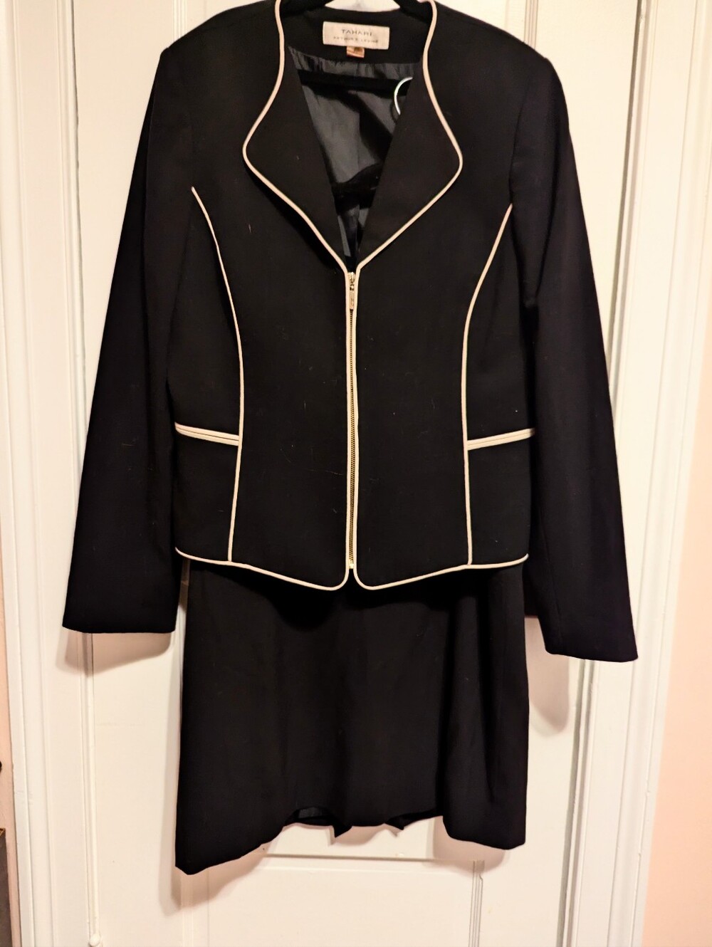 Tahari ASL Skirt Suit: Black with Contrast Piping Zip Front Jacket